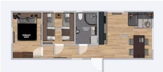 Plán domu 3,5 m x 10 m s nábytkem - obývací pokoj s kuchyní, koupelna, 2 ložnice